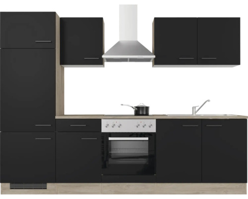 Kompletná kuchynská linka so závesnými skrinkami, digestorom, drezom a sporákom