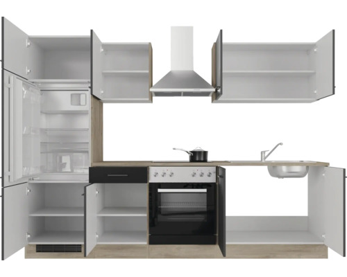 Kuchynská linka s chladničkou, varnou doskou, drezom a odsávačom pár