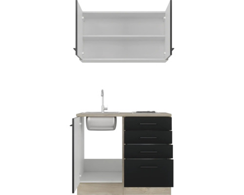 Kompaktná kuchynská linka s drezom, vodovodnou batériou, zásuvkami a závesnou skrinkou pre malé priestory