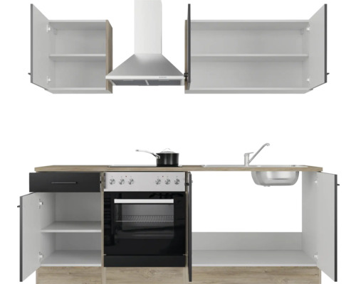 Kuchynská linka so závesnými skrinkami, digestorom, drezom, sporákom a rúrou