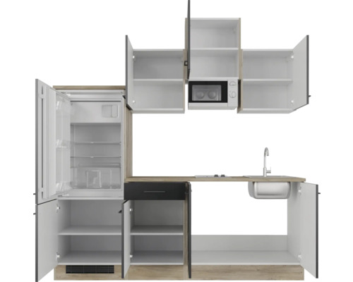 Kompletná kuchynská linka s chladničkou, drezom, batériou, mikrovlnnou rúrou a úložným priestorom