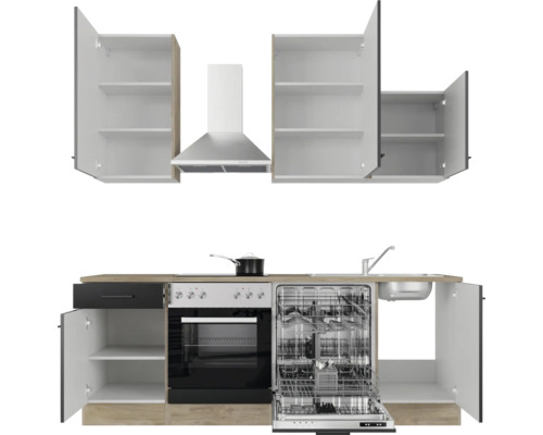 Kuchynská linka s drezom, umývačkou riadu, sporákom, digestorom a skrinkami