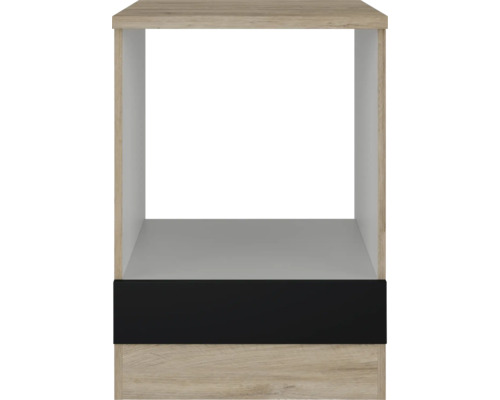 Otvorený modul kuchynskej skrinky s dreveným dekorom a čiernym pásom