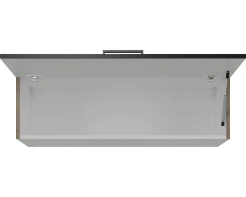 Otvorená závesná skrinka s vnútrom a kovaním.