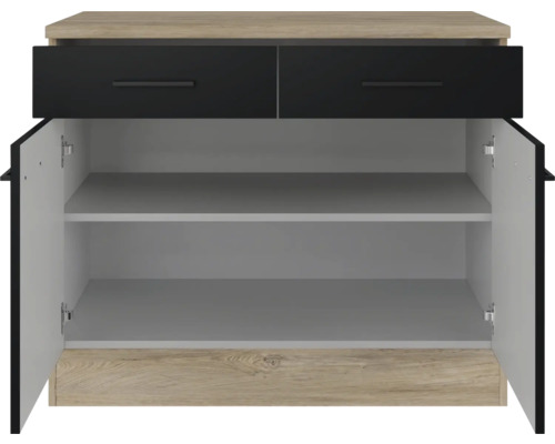 Komoda s dvoma zásuvkami a dvoma otvorenými dverami