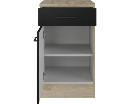 Spodná skrinka so zásuvkou a otvorenými dverami, vnútorný priestor s policami