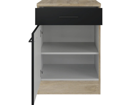 Spodná skrinka so zásuvkou a otvorenými dverami s dvoma policami