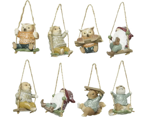 Závesné zvieratká polyresin, rôzne druhy Osem zvieracích figúrok na hojdačkách ako ozdoby na vianočný stromček