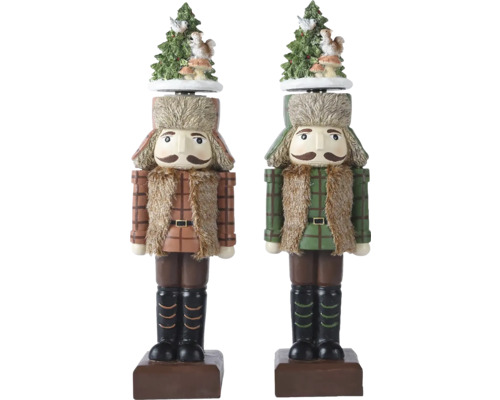 Luskáčik polyresin Dve figúrky luskáčikov v štýle drevorubačov s kockovanými kabátmi, kožušinovými vestami a vianočnými stromčekmi s veveričkami na hlave.