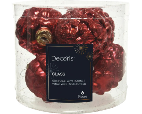 Šesť sklenených vianočných gúľ v tvare srdca v priehľadnom obale