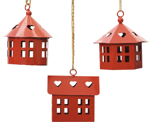 Závesný domček keramický červený, rôzne druhy Tri závesné dekoratívne lampáše v tvare domu so srdiečkami.