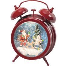 Snehová guľa ako budík s Santa Clausom, dieťaťom a vianočným stromčekom