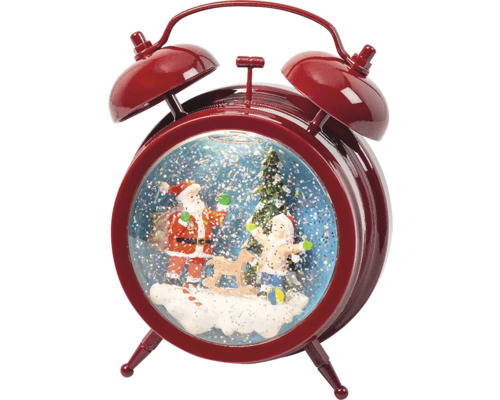 Snehová guľa ako budík s Santa Clausom, dieťaťom a vianočným stromčekom