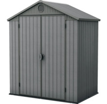 Sivý plastový záhradný domček s dvojkrídlovými dverami a vetracou mriežkou.