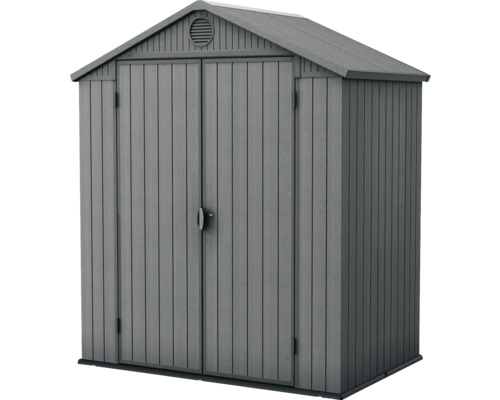 Sivý plastový záhradný domček s dvojkrídlovými dverami a vetracou mriežkou.