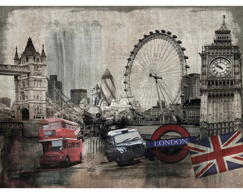 Vliesová fototapeta na stenu ML3401 3,71x2,8 m Ilustrácia s londýnskymi dominantami ako Tower Bridge, London Eye, Big Ben, červený poschodový autobus a taxík