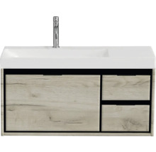 Umývadlová skrinka s dreveným dekorom, umývadlo a vodovodná batéria