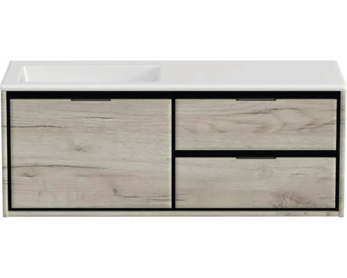 Skrinka pod umývadlo s dvoma zásuvkami a jednými dvierkami vo vzhľade dreva