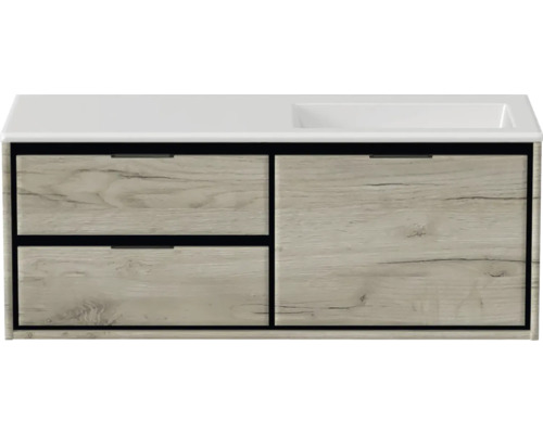 Skrinka pod umývadlo s dvomi zásuvkami a jednou dverou v drevenom dizajne