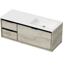 Skrinka pod umývadlo s umývadlom a dvoma zásuvkami vo vzhľade dreva