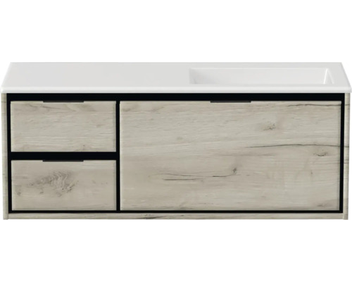 Skrinka pod umývadlo so zásuvkami a dreveným dekorom