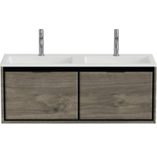 Skrinka pod umývadlo s dvomi umývadlami a spodnou skrinkou s vzhľadom dreva