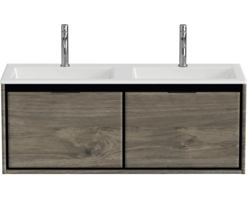 Skrinka pod umývadlo s dvomi umývadlami a spodnou skrinkou s vzhľadom dreva