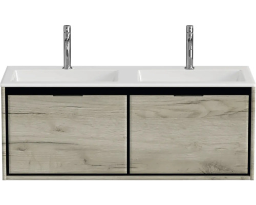 Dvojité umývadlo s dvoma umývadlami a skrinkou s dvoma zásuvkami