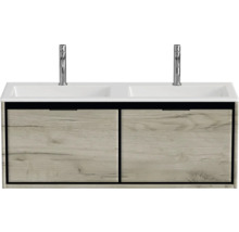 Umývadlová skrinka s dvomi umývadlami a spodnou skrinkou s dreveným vzhľadom