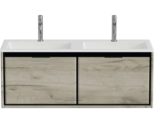 Umývadlová skrinka s dvomi umývadlami a spodnou skrinkou s dreveným vzhľadom