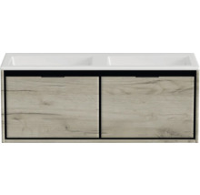 Skrinka pod umývadlo s dvoma umývadlami a dvoma zásuvkami s dreveným dekorom