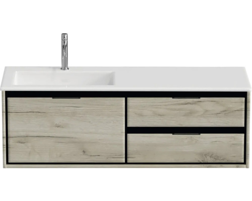 Súprava kúpeľňového nábytku Sanox Loft ŠxVxH 140,5 x 47 x 45,5 cm farba čela craft oak 2dielna s umývadlom z minerálnej liatiny umývadlo ľavá biela Skrinka pod umývadlo s umývadlom a batériou