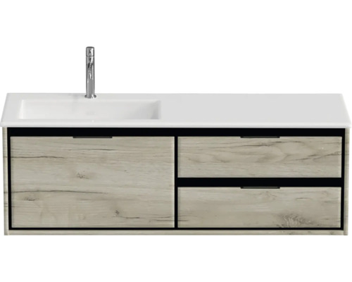 Súprava kúpeľňového nábytku Sanox Loft ŠxVxH 140,5 x 47 x 45,5 cm farba čela craft oak 2dielna s umývadlom z minerálnej liatiny umývadlo ľavé matne biela Umývadlová skrinka s dvomi zásuvkami a umývadlom