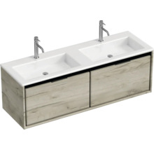 Dvojité umývadlo s dvoma umývadlami a spodná skrinka so zásuvkami vo vzhľade dreva