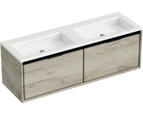 Dvojité umývadlo so skrinkou a dvoma zásuvkami v drevenom dizajne do kúpeľne