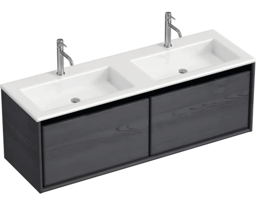 Súprava kúpeľňového nábytku Sanox Loft ŠxVxH 140,5 x 47 x 45,5 cm farba čela black oak 2dielna s dvojitým umývadlom z minerálnej liatiny matne biela Umývadlová skrinka s dvomi umývadlami, dvomi batériami a spodnou skrinkou so zásuvkami