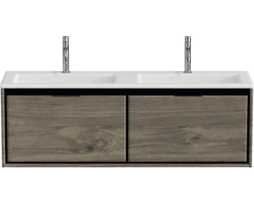 Skrinka pod umývadlo s dvoma umývadlami a vzhľadom dreva