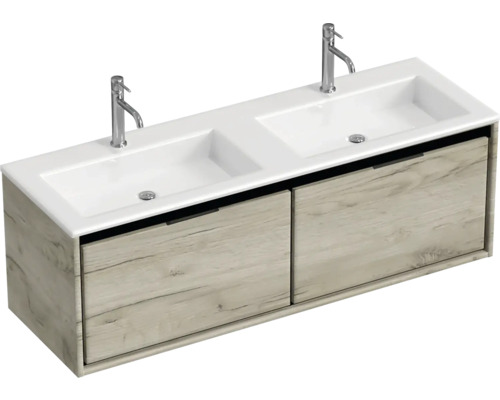 Umývadlová skrinka s dvomi umývadlami a spodnou skrinkou s dvomi zásuvkami