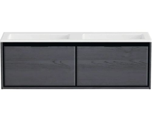 Skrinka pod umývadlo s dvoma umývadlami a dvoma drevenými zásuvkami