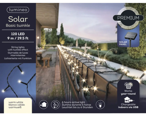 Lumineo Solárna svetelná reťaz Basic Twinkle so 120 LED a dĺžkou 9 metrov na vonkajšiu dekoráciu