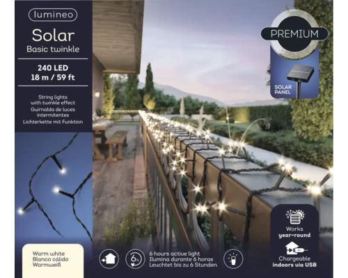 Svetelná reťaz so solárnym panelom, 240 LED, dĺžka 18 metrov, s blikajúcim efektom