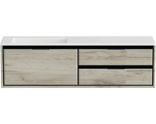 Skrinka pod umývadlo so zásuvkami a dreveným dekorom