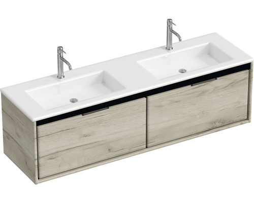 Súprava kúpeľňového nábytku Sanox Loft ŠxVxH 160,5 x 47 x 45,5 cm farba čela craft oak 2dielna s dvojitým umývadlom z minerálnej liatiny Dvojité umývadlo so skrinkou a dvoma batériami