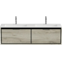 Skrinka pod umývadlo s dvoma umývadlami a vzhľadom dreva