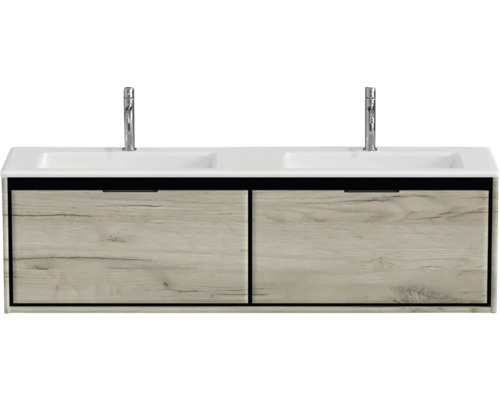 Skrinka pod umývadlo s dvoma umývadlami a vzhľadom dreva