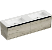 Skrinka pod umývadlo s dvoma umývadlami a dvoma zásuvkami v drevenom dizajne