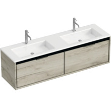 Skrinka pod umývadlo s dvomi umývadlami a dvomi zásuvkami v drevenom dizajne