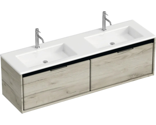 Skrinka pod umývadlo s dvomi umývadlami a dvomi zásuvkami v drevenom dizajne