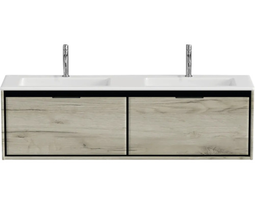 Skrinka pod umývadlo s dvoma umývadlami a dvoma zásuvkami v drevenom dizajne