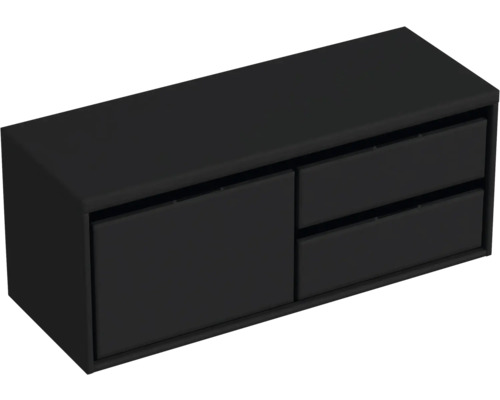 Kúpeľňová skrinka pod umývadlo Sanox Loft čierna matná 120,2 x 48 x 45 cm Čierna skrinka pod umývadlo s jednými dvierkami a dvoma zásuvkami